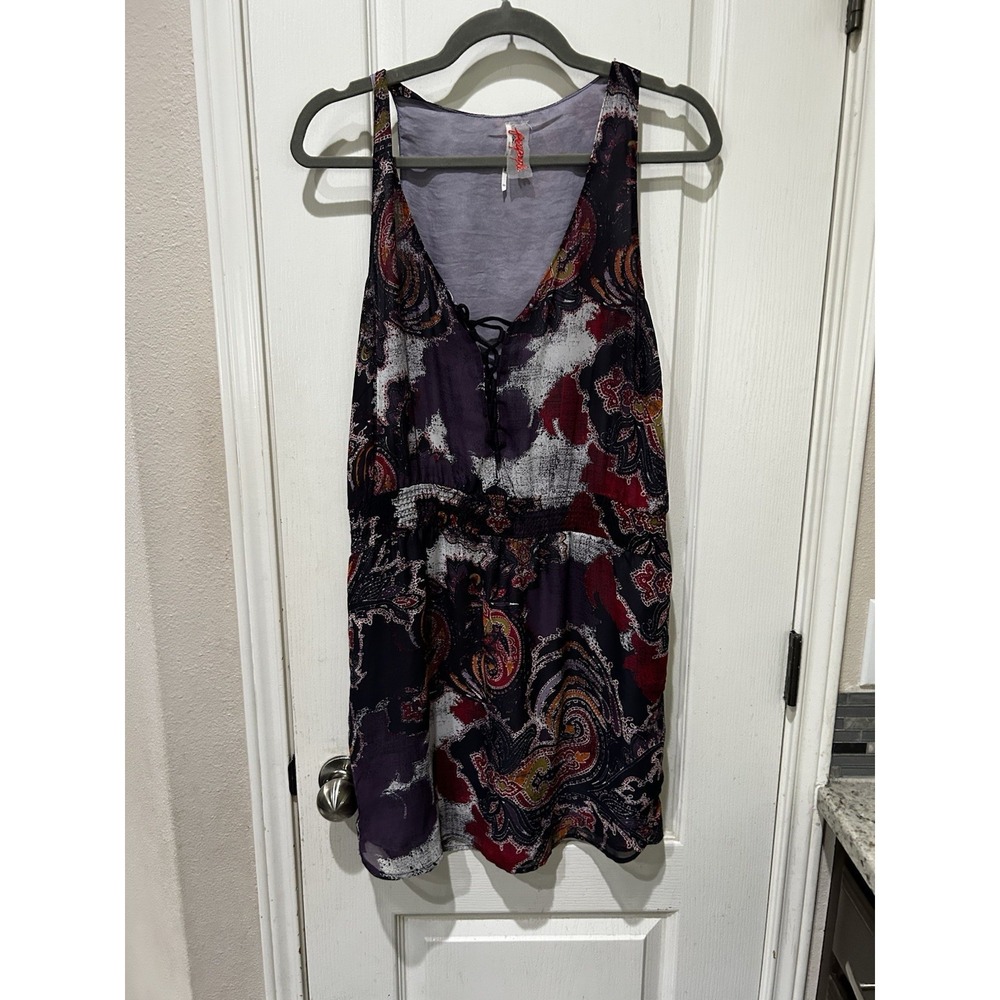 Free People Falling For Georgette Paisley Lace Up Tank Mini Dress Purple Red S